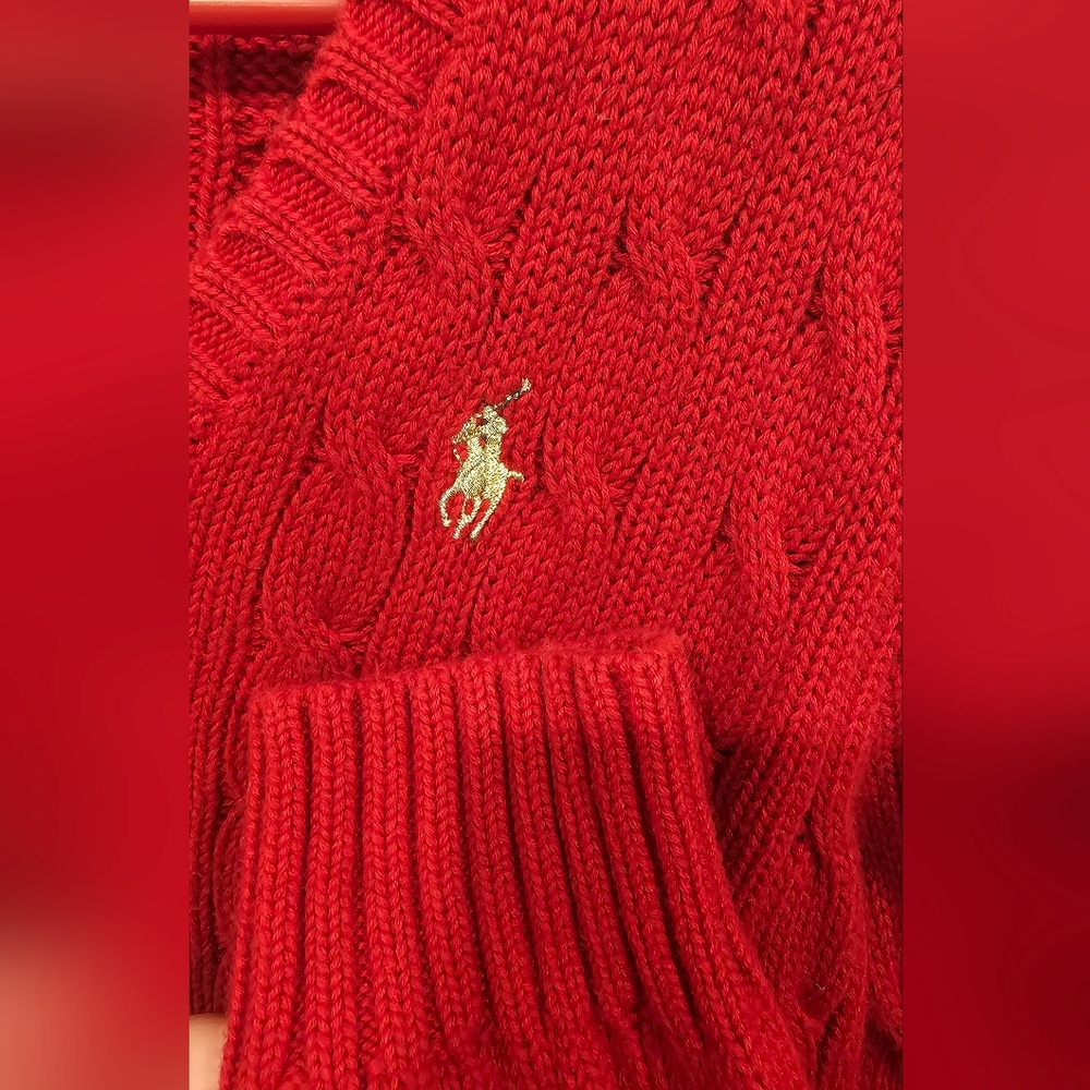 NWOT L-RL Women's V-Neck Cable Knit Red Sweater With Gold Logo Size-M - Picture 6 of 8